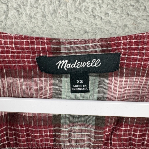 Madewell Plaid Button Front Peasant Blouse Red Gray Check XS 100% Cotton - Picture 10 of 11
